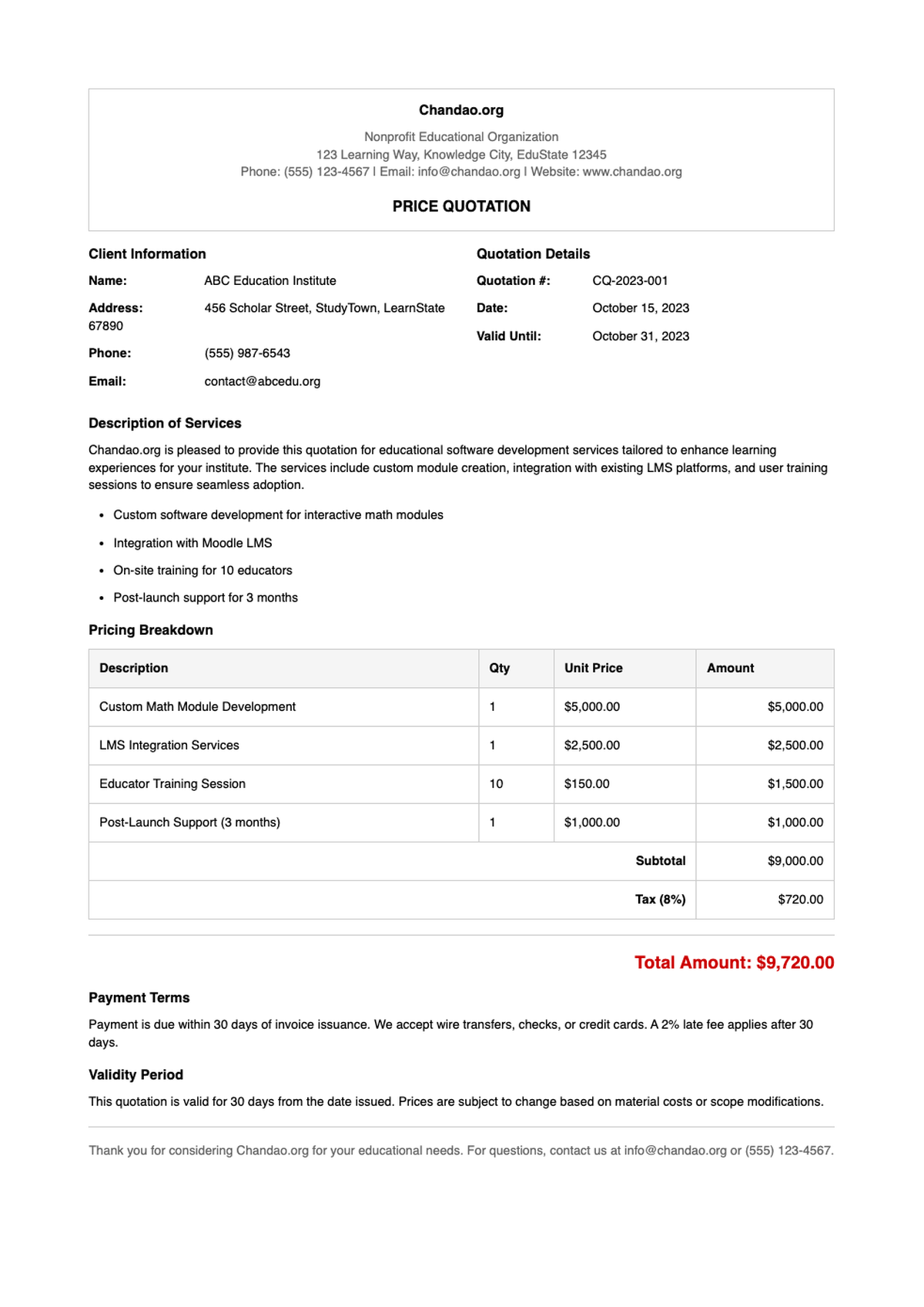 Professional quotation for Excel School Online Training per student with payment instructions and_variant_1